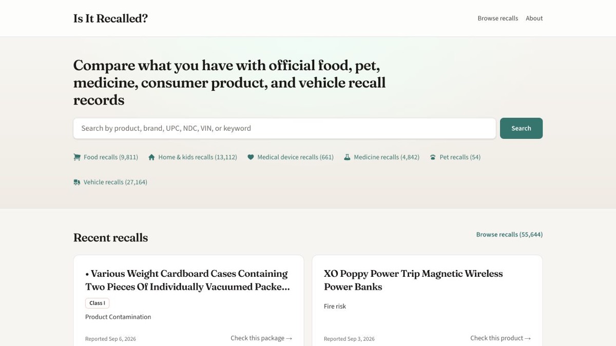 Is It Recalled search website